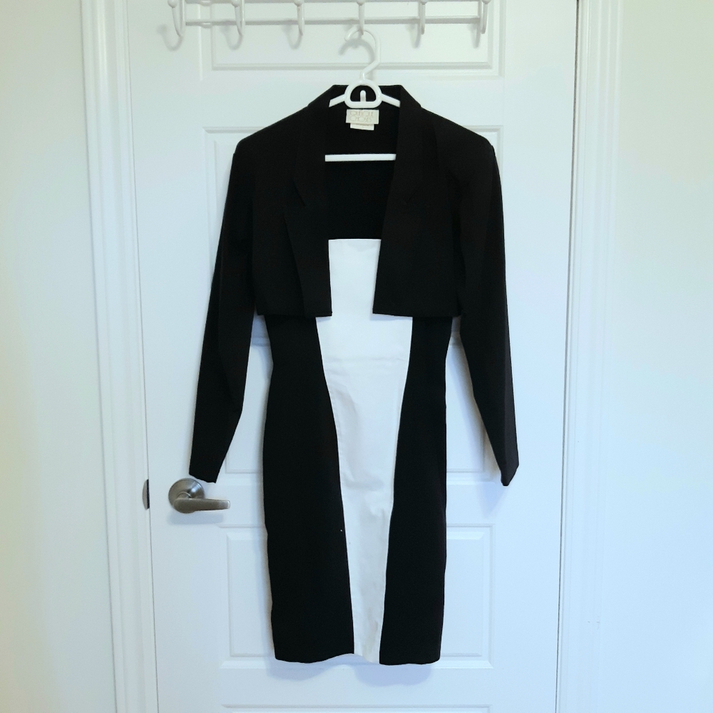 Made in Canada 100% Cotton 2 pc Black and White Halter Dress and Black Jacket